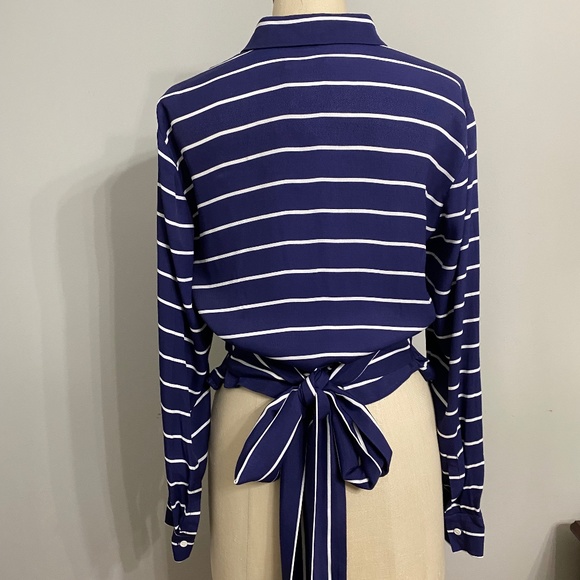 CLUB MONACO NAUTICAL BLUE STRIPE BLOUSE WITH TIE WAIST - Picture 2 of 7